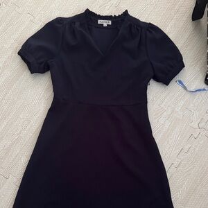 Nanette Lepore Navy Blue V-Neck Ruffle Collar Puff Sleeve Mini Dress
